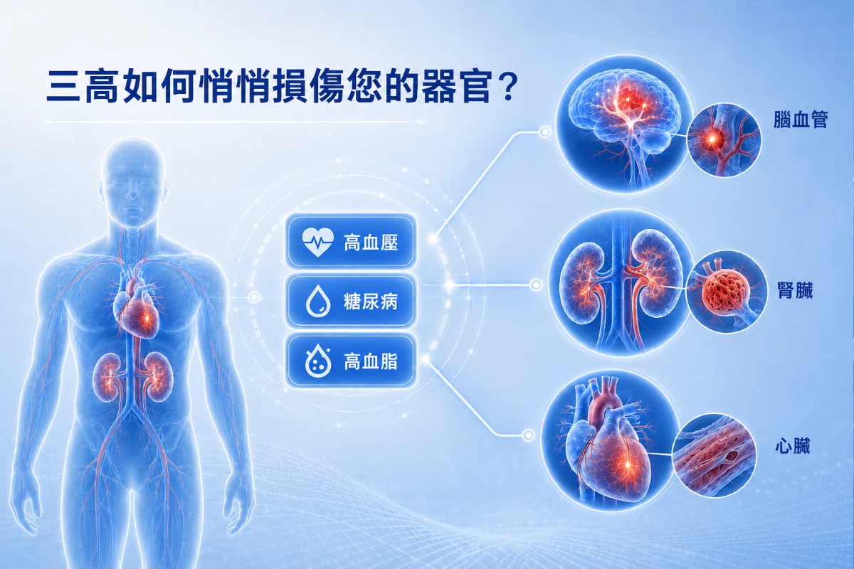 高血压糖尿病高血脂对脑血管肾脏心脏的慢性损伤示意图